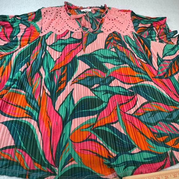 Rio & Rian New York 2X Colorful Tropical Leaf Print Pink Eyelet Trim Bohemian - Picture 4 of 8